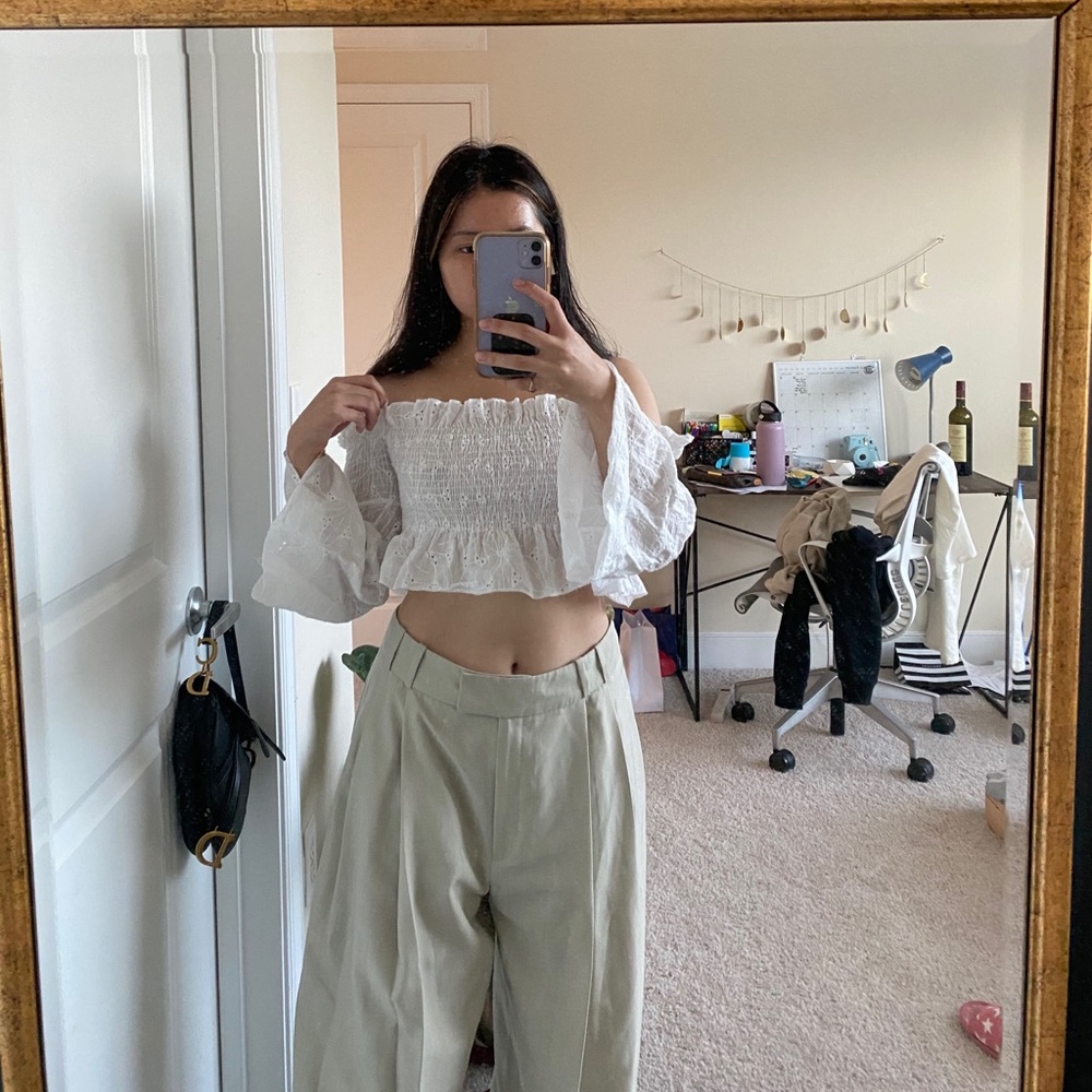 white ruffled off the shoulder crop top